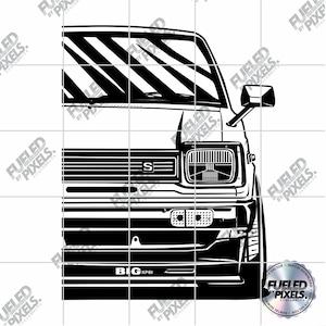 May include: A black and white vector illustration of the front end of a vintage car. The design features a rectangular headlight, a horizontal grille with an S emblem, a side mirror, and the text BIG KP61 on the lower bumper area.