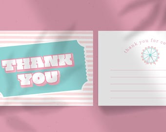 May include: Two-sided thank you card with a pink and white striped background. The front features the words "THANK YOU" in a 3D effect on a teal background. The back has the text "thank you for coming" and a Ferris wheel illustration.