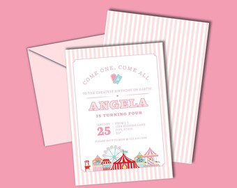 May include: Pink and white striped invitation with a carnival theme. The invitation says "Come one, come all to the greatest birthday on earth! Angela is turning four. January 25th. From 1-4. 1234 Address Lane. City, State, Zip. Please RSVP to Mom at 123-456-7890."