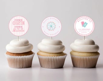 May include: Three pink and white striped cupcake toppers with different designs. The first topper says "Come One Come All". The second topper says "Happy Birthday" with a Ferris wheel graphic. The third topper says "Welcome to the Greatest Birthday on Earth!" with a ticket graphic.