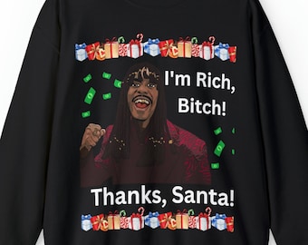 Sweat Dave Chappell, je suis riche, merci Père Noël, pull de Noël moche et drôle, pulls de Noël urbains, pull à col rond pour les fêtes de Noël