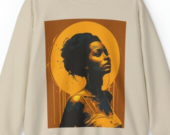 Belle silhouette de femme afro noire sur fond jaune, pull, reine