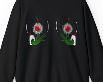 Grinch Hands Nipple Pinch Sweatshirt, Pull de Noël laid et drôle, Sweats de Noël urbains, Pull Crewneck de Noël, Cadeau