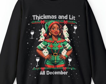 Elfe noir sinueux épais et éclairé tout le mois de décembre, sweat unisexe pull de Noël moche et drôle, sweats de Noël urbains, col rond de vacances de Noël