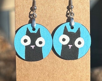 Black Cat Round Earrings | Black Cat Jewelry | Hand Painted Wood | Lightweight | Unique Gift | Meow Kitten Kitty