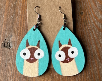 Big Eye Siamese Cat Earrings | Hand Painted Wood Earrings | Vetrinarian Gift | Kitty Jewelry