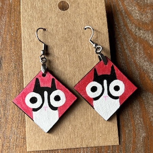 Big Eye Tuxedo Cat Earrings | Black and White Cat Jewelry | Hand Painted Lightweight Wood