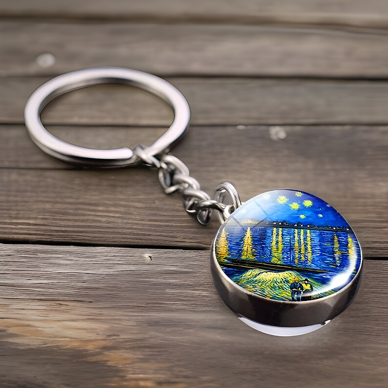 Painting Embedded Round Keychain, Oil Painting Keychain, Artistic
