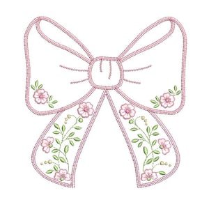 May include: A pink satin bow with green floral embroidery. The bow is a decorative element for crafts, sewing, and home decor.