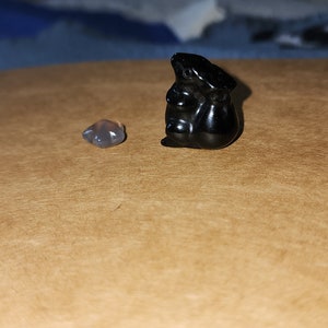 Puede incluir: Una figurita de animal tallada en obsidiana negra, posiblemente una ardilla, sentada sobre una superficie marrón junto a una pequeña piedra gris clara.