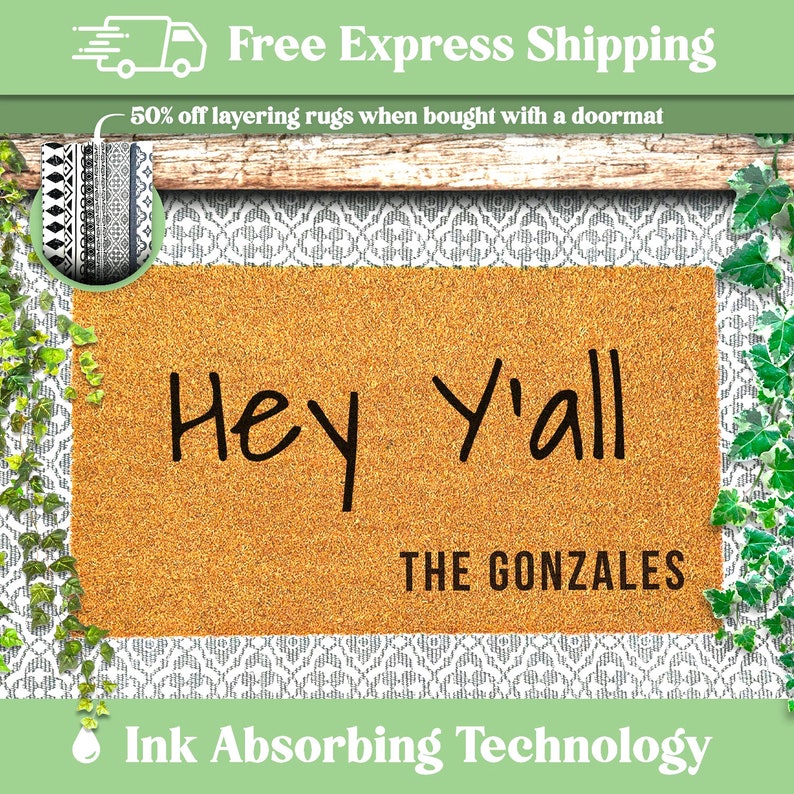 Personalized 'Hey Y'all' Doormat with Custom Names Southern Charm Welcome Mat Last Name Door Mat Housewarming Gift Home Decor Gift image 1