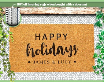 Customized Happy Holidays Doormat - Personalized Welcome Mat for Festive Greetings - Charming Winter Decor - Christmas Door Mat - Coir Mat