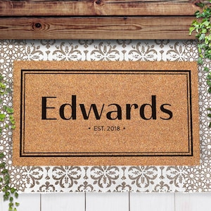 Main Family Name Boarder Door Mat - Bold Text Doormat - Personalized Gift For Brand New Homes - Realtor Closing Gift - Established Date Rug