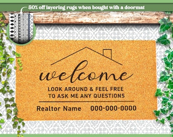 Custom Realtor Door Mat for Open House - Welcome, Look Around & Ask Me Anything - Personalized with Agent's Details - Business Doormat - Rug