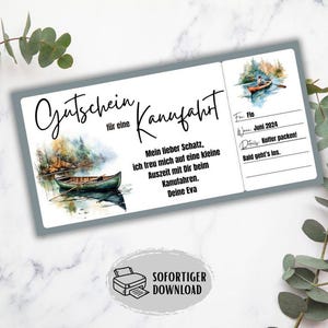 Gift voucher for a canoe trip, canoe tour, canoeing, kayaking, gift idea for men, printable experience voucher, birthday present