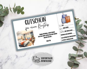 Printable travel voucher, short trip voucher, birthday gift idea, holiday gift voucher, hotel voucher