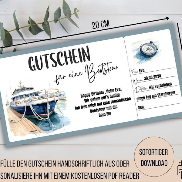 Bootstour Gutschein, Bootsfahrt Gutschein, Ausflug See Schiff fahren, Frau Geschenkidee Freundin, Geburtstagsgutschein Schiffstour