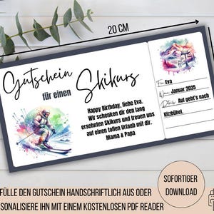 Skicursusbon, kerstcadeau-idee, skivakantiebon, wintervakantie in de bergen, cadeaubon om uit te printen