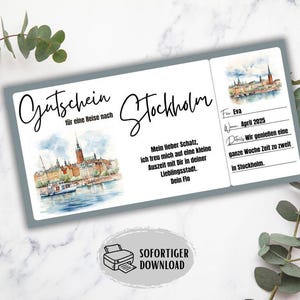 Reischeque voor Stockholm, vakantie in Zweden, cadeau-idee voor vriendin, reisvoucher Zweden, stedentrip Stockholm, printbare voucher