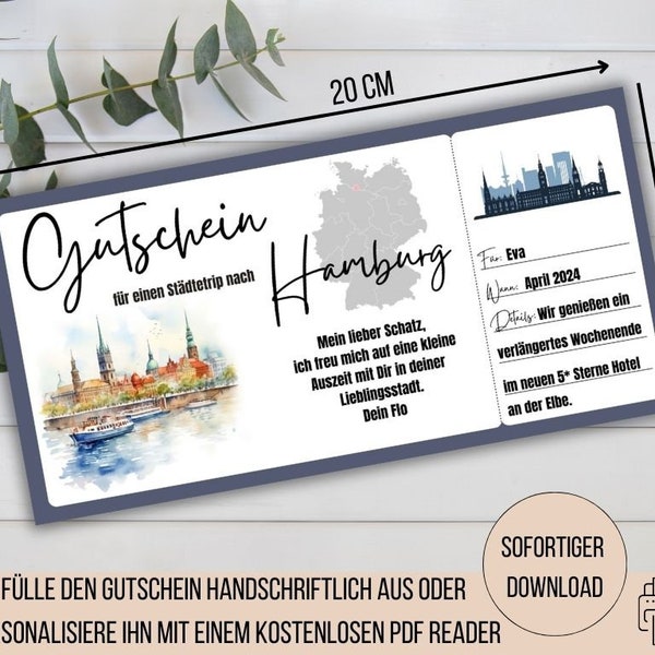 Reisegutschein Hamburg, Kurzurlaub Hamburg, Wochenendtrip Geschenkidee, Freundin Geschenk Frau, Kurztrip Hamburg, Gutschein Städtetrip