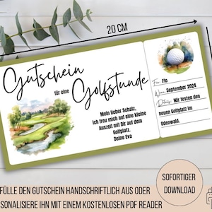 Gutschein Golfstunde, Geschenkidee Golfspiel, Golf spielen Geschenk, Zeit statt Zeug, Einladung zum Golfen, Gutschein zum Ausdrucken