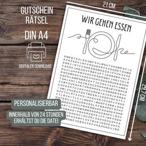 Gutschein Essen gehen, Einladung Restaurant, Gutscheinrätsel Essen, Geschenkidee Geburtstag Freundin, Valentinstag Geschenk