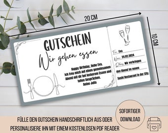 Gutschein Essen gehen, Restaurantgutschein, Gutschein für ein Abendessen, Essen Gehen Einladung, Geschenkidee Freundin, Einladung Restaurant