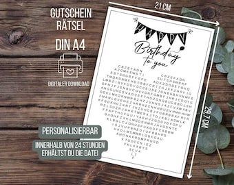 Rompecabezas de vales de cumpleaños, crucigramas, rompecabezas de cumpleaños, vales de regalo, vales personalizados, rompecabezas de vales de cumpleaños