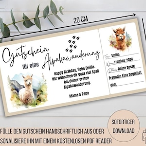 Voucher alpacawandeling, cadeau-idee voor jongen meisje verjaardag avontuurlijke wandeling alpaca excursie lama, voucher om af te drukken