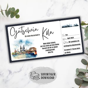 Reisegutschein Köln, Kurzurlaub Köln, Wochenendtrip Geschenkidee, Freundin Geschenk Frau, Kurztrip Köln, Gutschein Städtetrip Köln