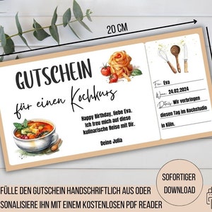 Voucher kookcursus, cadeau-idee leren koken, vriendin cadeau moeder, samen koken voucher, tijd in plaats van spullen voucher om uit te printen