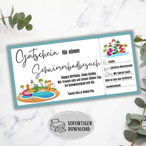 Poolkupong, poolutflyktskupong, presentidé för barn, simkupong, födelsedagsinbjudan, äventyrsbadkupong