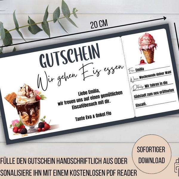 Eis essen Gutschein, Besuch Eiscafé, Eisbecher, Gutschein Zeit statt Zeug, Geschenk Kind, Gutschein zum Ausdrucken,Gutschein Eis essen gehen