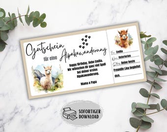 Cupón para trekking con alpacas, idea de regalo para niños y niñas, caminata de aventura de cumpleaños, excursión con alpacas, cupón para llamas, cupón imprimible