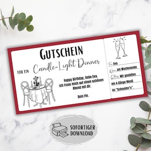 May include: A red and white gift voucher for a candle-light dinner. The voucher features illustrations of a table setting and champagne glasses. Text includes "Candle-Light Dinner" and "Happy Birthday, Eva."