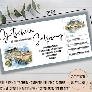 Reisegutschein Salzburg zum Ausdrucken, Kurzurlaub Österreich, Wochenendtrip Salzburg, Geschenkidee Freundin Weihnachten, Gutschein Reise