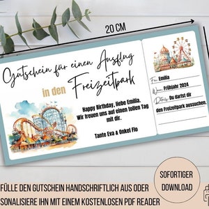 Gutschein Freizeitpark Junge Geschenkidee Mädchen, Ausflug Vergnügungspark Gutschein Geburtstag Achterbahn Freizeitparkbesuch