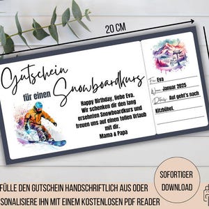 Snowboardcursusbon, kerstcadeau-idee, snowboardvakantiebon, wintervakantie in de bergen, cadeaubon om uit te printen