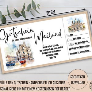 Travel voucher Milan, short break Italy, weekend trip Milano, Christmas gift idea, short trip Milan, travel voucher to print