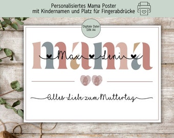 Muttertag Geschenk Fingerabdruck, Personalisiertes Mama Poster mit Kindernamen, Geschenk Muttertag, Geschenkidee Mama