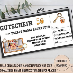Escape room-voucher, ervaringsvoucher, avonturenvoucher om uit te printen, tijd in plaats van spullen, cadeau-idee voor jongens, jarige