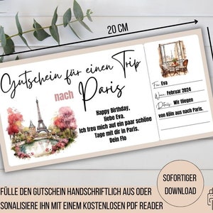 Reisegutschein Paris, Gutschein Kurzurlaub Städtetrip Frankreich, Urlaub Geschenkgutschein, Geschenkidee Valentinstag Frau, Gutscheinvorlage