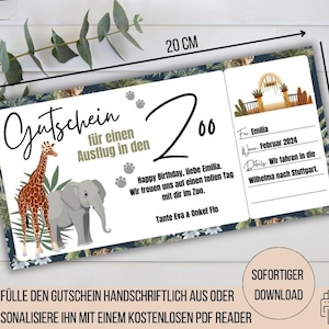 Kupon do zoo, pomysł na prezent dla chłopca, kupon na urodziny dziewczynki, kupon na wycieczkę do zoo, kupon upominkowy na wizytę w zoo do wydrukowania