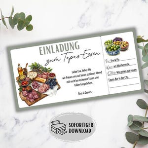 Op de afbeelding: Een rechthoekige uitnodigingskaart met een grijze rand, met een aquarel illustratie van tapas eten en Duitse tekst. De kaart bevat de tekst "Uitnodiging voor Tapas Diner" en "Direct downloaden".