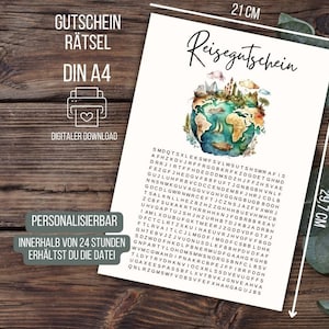 Gutschein Rätsel, Reisegutschein Überraschung, Gutscheinrätsel, Geschenk Geburtstag, Gutschein personalisierbar Urlaub, Zeit statt Zeug