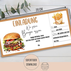 Voucher voor hamburgers, restaurantvoucher, voucher voor diner in een hamburgerrestaurant, uitnodiging om uit eten te gaan, cadeau-idee voor een vriend