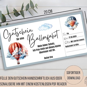 Voucher voor ballonvaart, excursie voor een ballonvaart, uitnodiging voor een ballonvaart, cadeau-idee voor een ballonvaart, Valentijnsdag voucher voor vrouwen