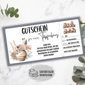 Puede incluir: Un vale de regalo gris con las palabras "GUTSCHEIN für einen Töpferkurs" en negro. El vale incluye ilustraciones de cerámica y manos trabajando con arcilla, junto con texto en alemán.