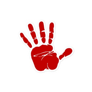 May include: A red handprint on a white background. The handprint is a silhouette of a hand with five fingers.