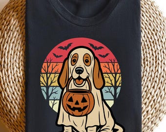 Maglietta vintage di Halloween con Basset Hound / Maglietta con simpatico cane da caccia / Maglietta autunnale con Basset Hound / Maglietta spettrale con Basset Hound / Maglietta per amanti dei cani di Halloween